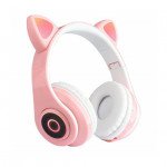 Wholesale Bluetooth Wireless Cute Cat LED Foldable Headphone Headset with Built in Mic for Adults Children Work Home School for Universal Cell Phones, Laptop, Tablet, and More (Pink)